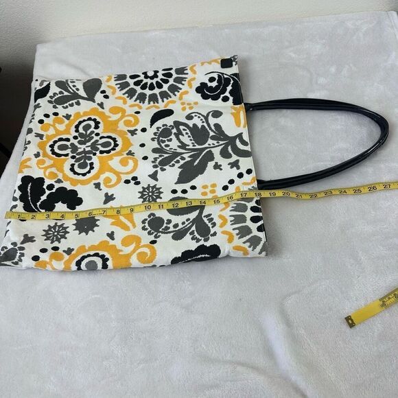 Pure Honey Reversible Canvas Market Tote Black Yellow Swirl Floral To Polka Dots - Picture 7 of 11